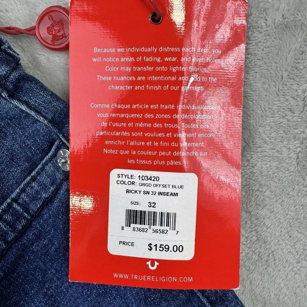 True Religion Ricky Jeans Men's 32 NWT Relaxed Straight Grgd Offset Blue Denim